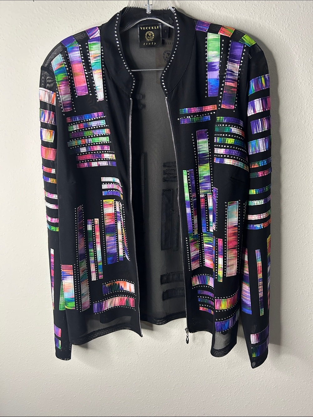 Vecceli Italy Black Bomber Jacket with Multicolor Iridescent Panels